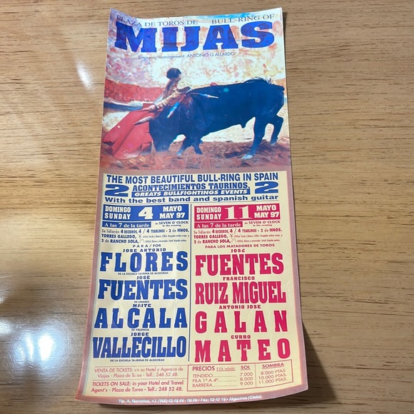 Authentic Vntg Poster: Bull Fights, Plaza de Toros, 1997, Mijas, Spain - Picture 1 of 3